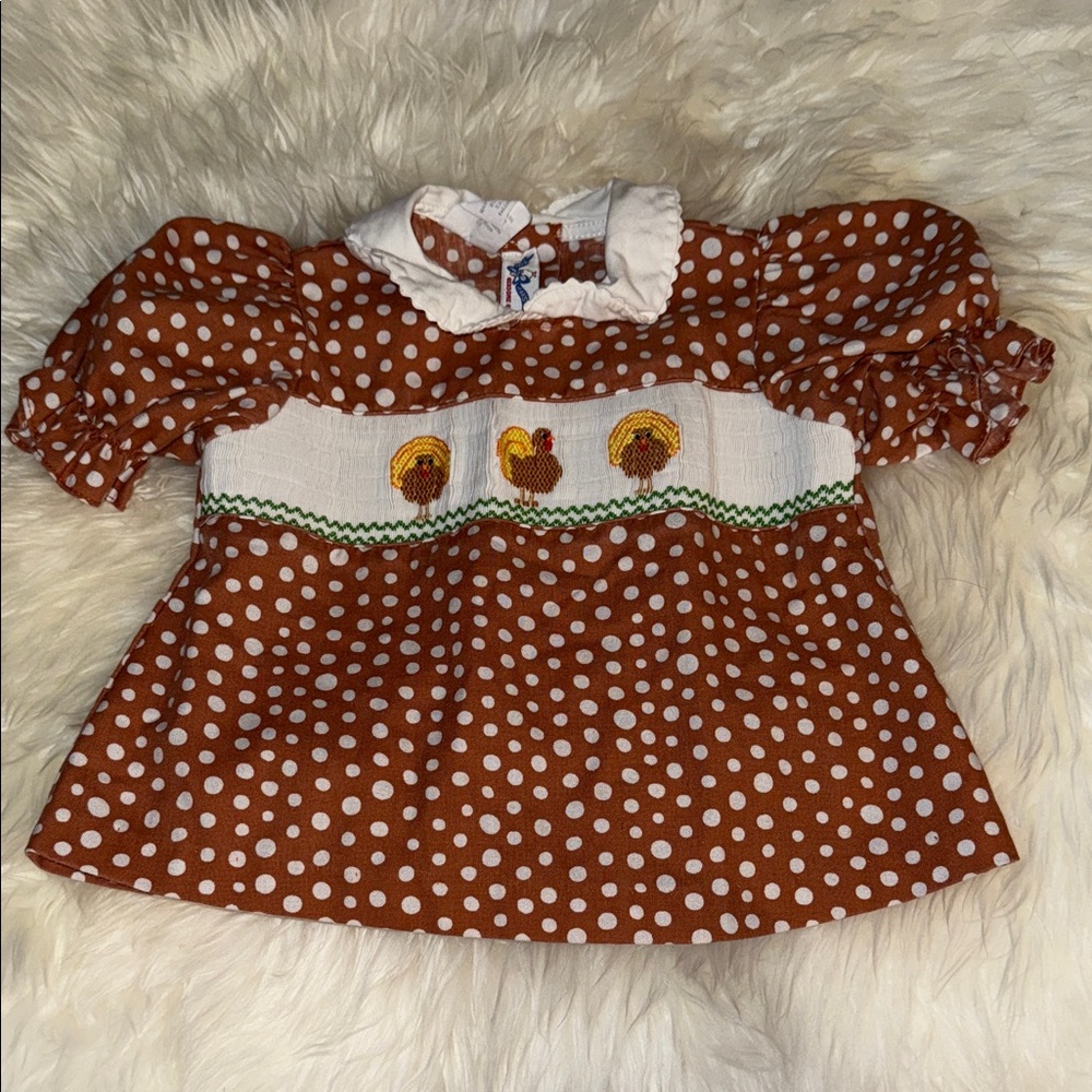 0/3m vintage “Sally goose” Brown Polka Dot Baby Dress with turkey Embroidery